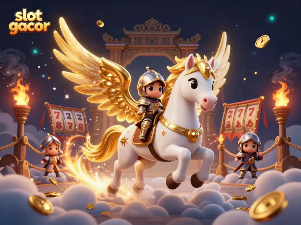 Slot gacor gambar ilustrasi 3D dengan kuda putih bersayap dan karakter ksatria di arena slot yang dinamis.