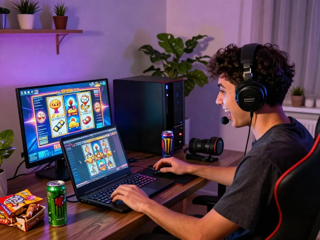 Player enjoying slot gacor online with vibrant graphics and snacks in a cozy gaming setup
