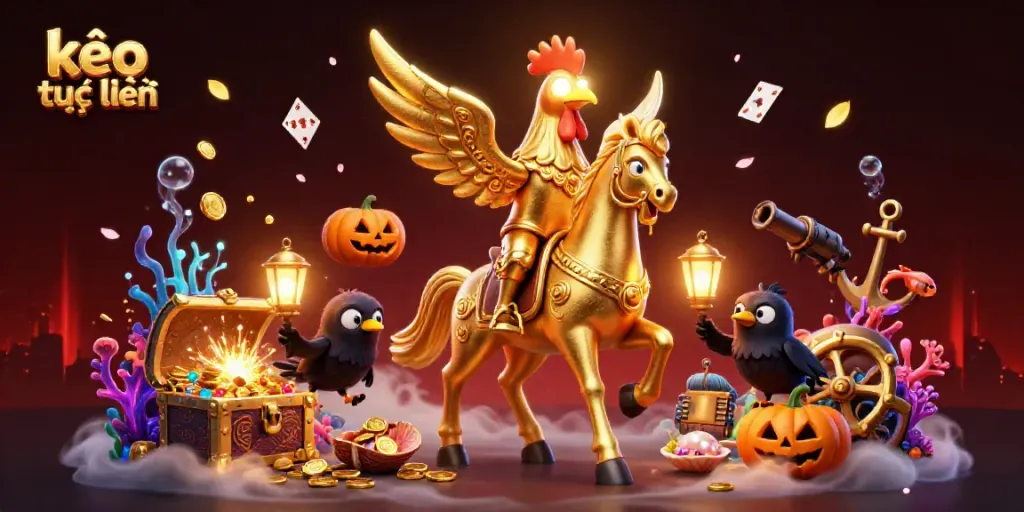 Engaging scene of kèo trực tuyến themed casino with a golden rooster and magical elements.