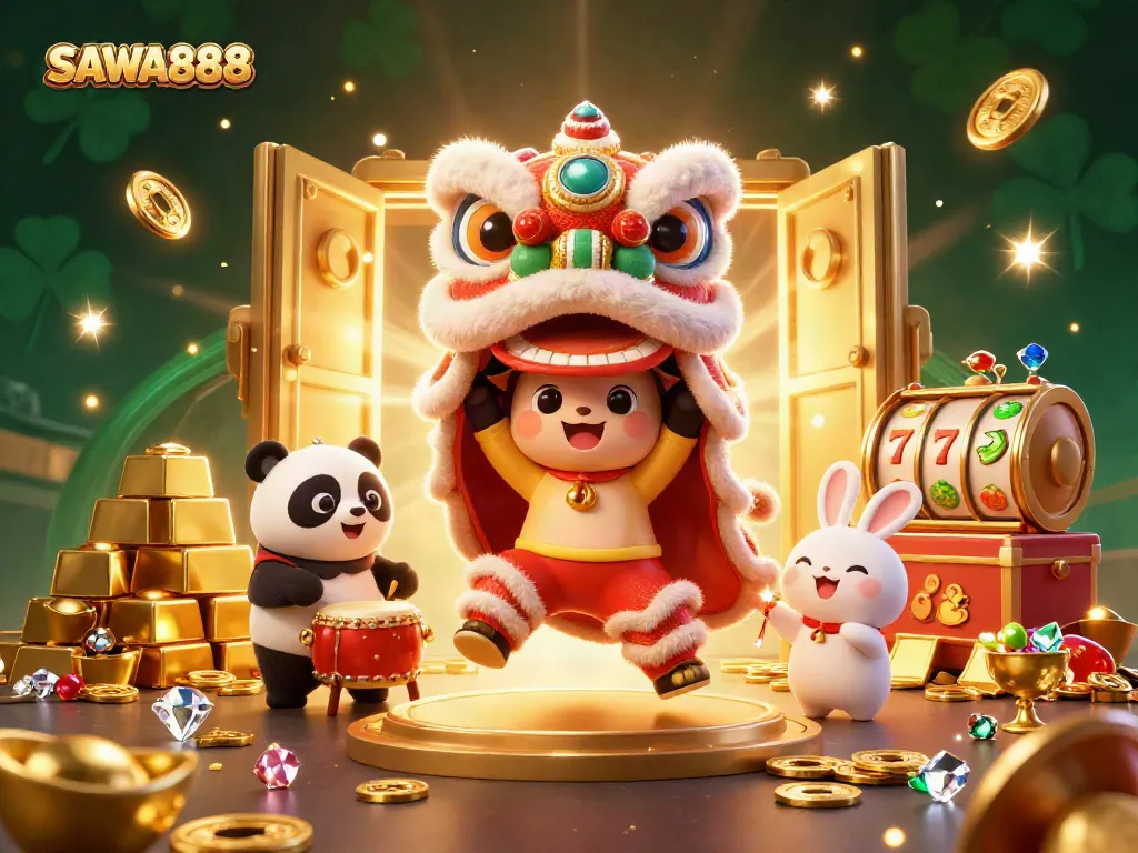 Experience thrilling casino gameplay with SAWA888 in a vibrant 3D illustration showcasing festive characters and rich treasures.