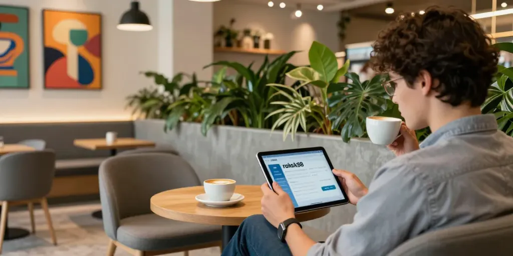 A cozy café scene where a person engages with rokok88 services on a tablet while enjoying coffee, surrounded by stylish decor.
