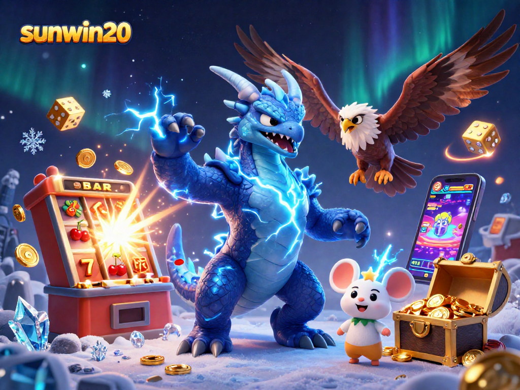 Spin and win at sunwin20 with a vibrant casino scene featuring a dragon and jackpot.
