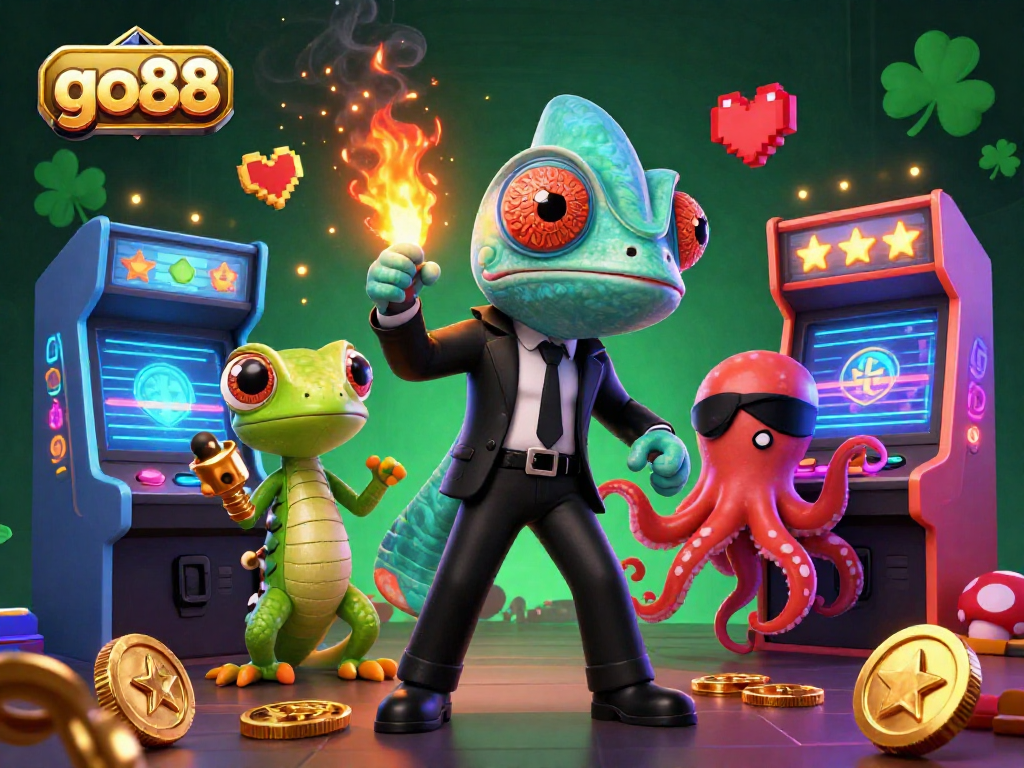 Engage with go88 in a vibrant 3D casino scene featuring a secret agent chameleon, tech gecko, and villainous octopus.