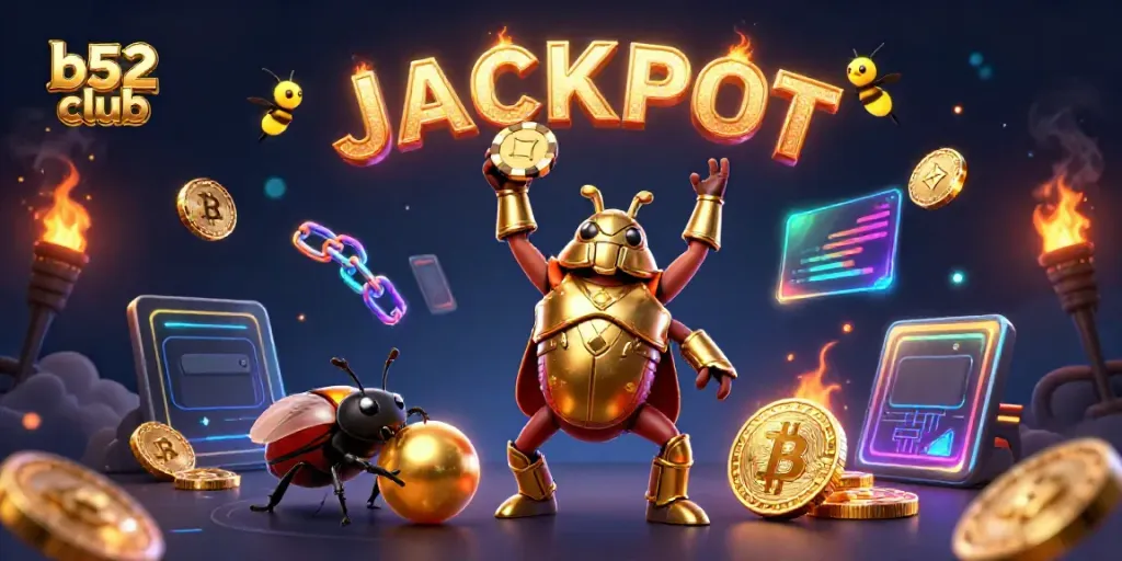 Win big at b52 club with a golden beetle hero and vibrant casino elements in a thrilling 3D scene.