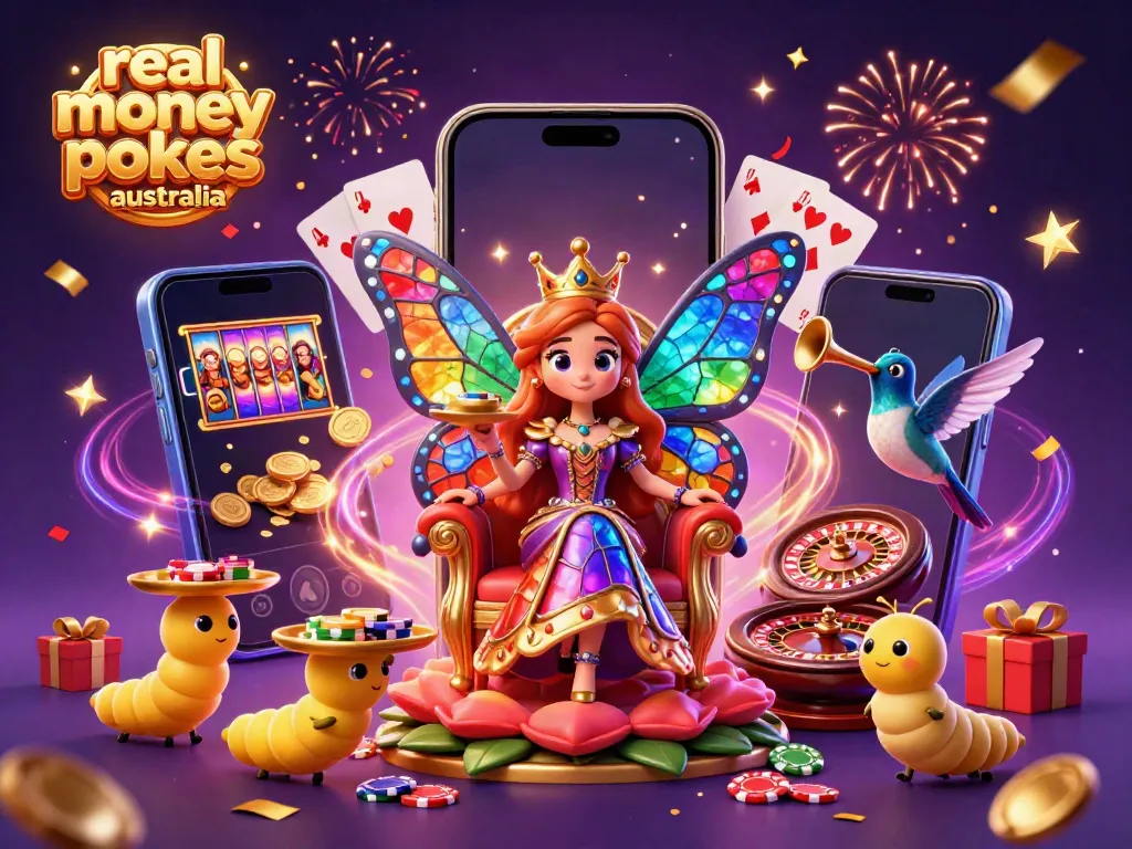 Experience exciting real money pokies in Australia with a vibrant 3D scene showcasing a butterfly queen, casino elements, and magical effects.