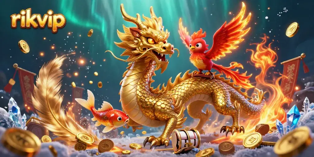 Experience the thrill of rikvip with a golden dragon, phoenix, and koi in a vibrant casino scene.