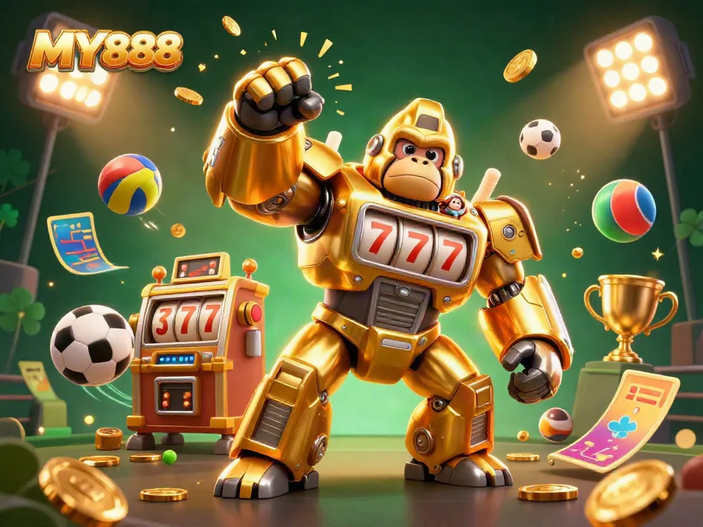 Experience thrilling action at MY888 with a golden gorilla mech and dynamic sports elements.