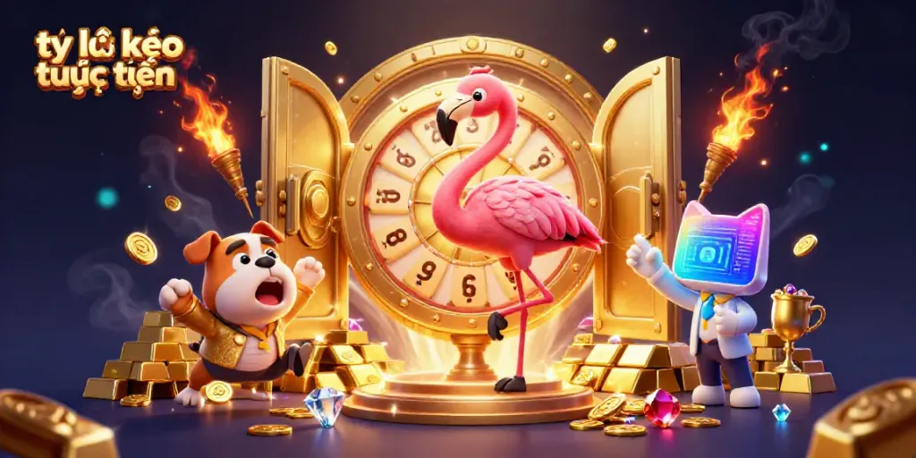 Experience interactive excitement with tỷ lệ kèo trực tuyến as a flamingo host spins a prize wheel, surrounded by treasures.