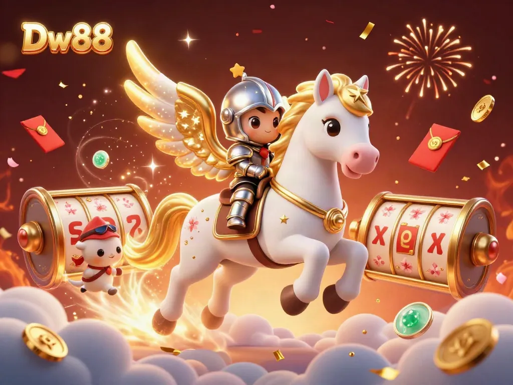 Engage with Dw88's vibrant gaming world, featuring a celestial horse and slot reels in celebration.