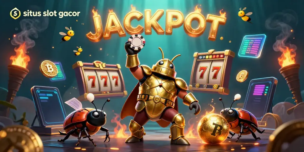 Engage with situs slot gacor as a heroic beetle lifts a poker chip amidst glistening gaming symbols.