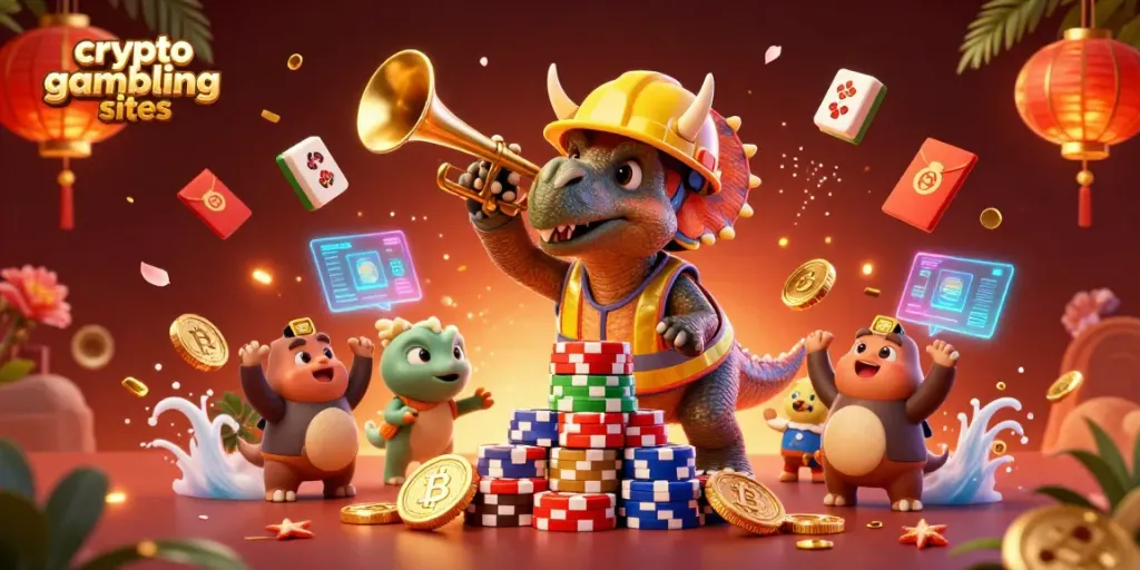 Celebrate at crypto gambling sites with vibrant triceratops and Ethereum coins in a festive scene.