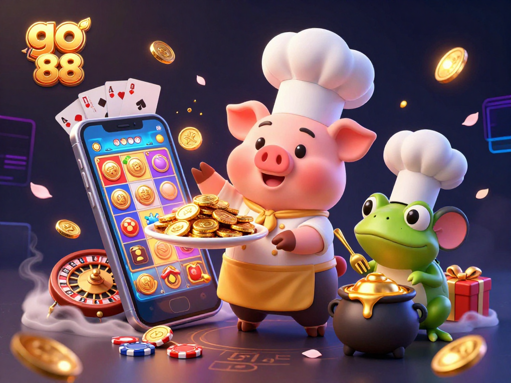 Spin to win at go 88 with a chef pig, sous-chef mouse, and food critic frog in a vibrant casino scene.