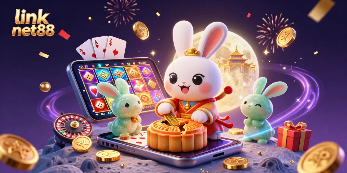 Experience link net88 with a lively moon rabbit scene filled with casino elements like poker chips and slot games.
