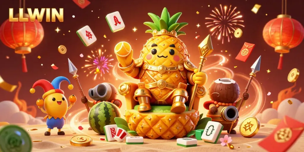 Experience thrilling games with LLWIN's vibrant casino atmosphere featuring a golden pineapple king and lively jester.