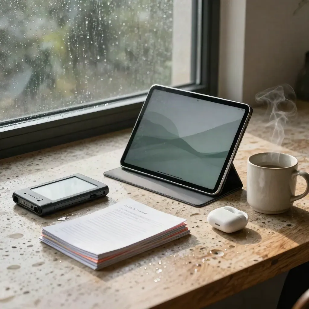 Rain-dark editorial table with tablet, e-reader, recorder, mug and earbuds by a window at dawn.