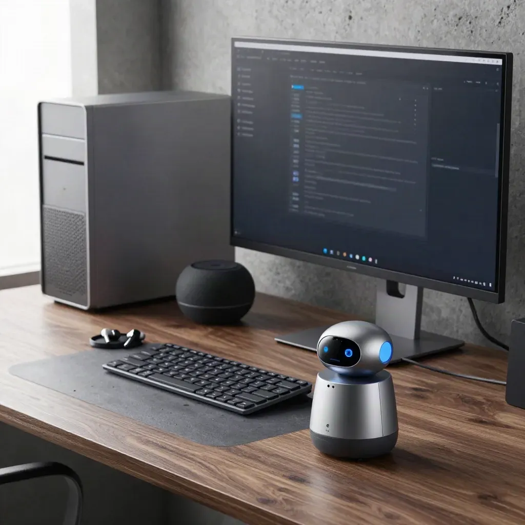 Product-design workstation with robot, monitor glow, tower, speaker, and earbuds on a dark studio surface.