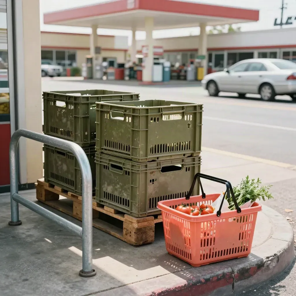 Produce crates and a shopping basket outside a grocery by a gas-station canopy in heat shimmer.