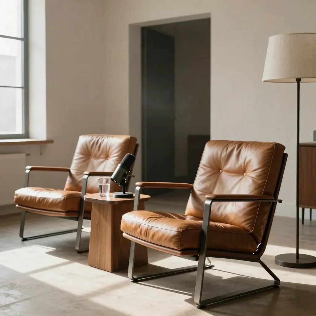 Empty interview lounge with two chairs, table mic, water glass and floor lamp in warm daylight.