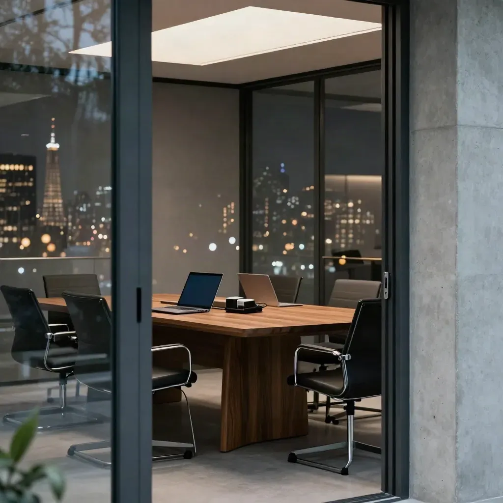 Empty glass finance meeting room with laptops, speakerphone, and city lights beyond