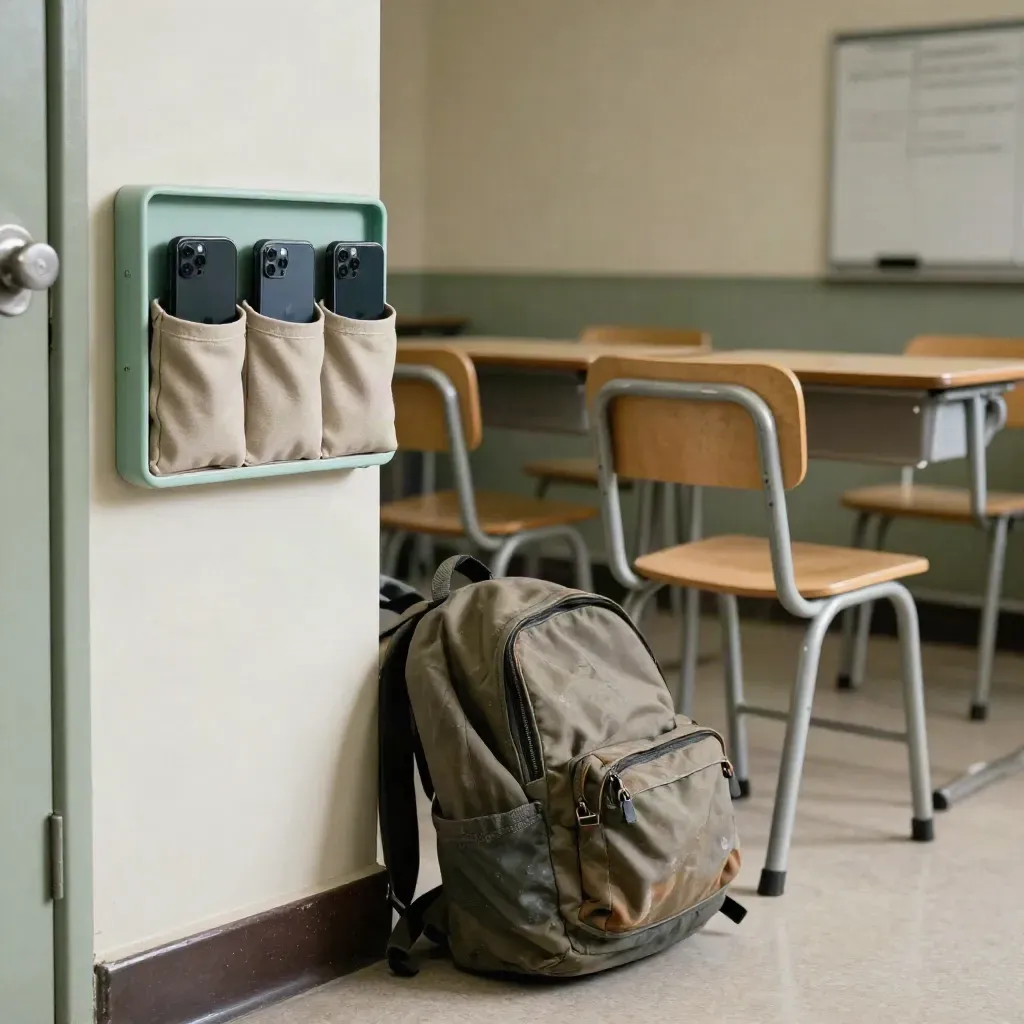 Classroom corner with phone-pouch rack, backpacks, chairs, and chalky daylight.
