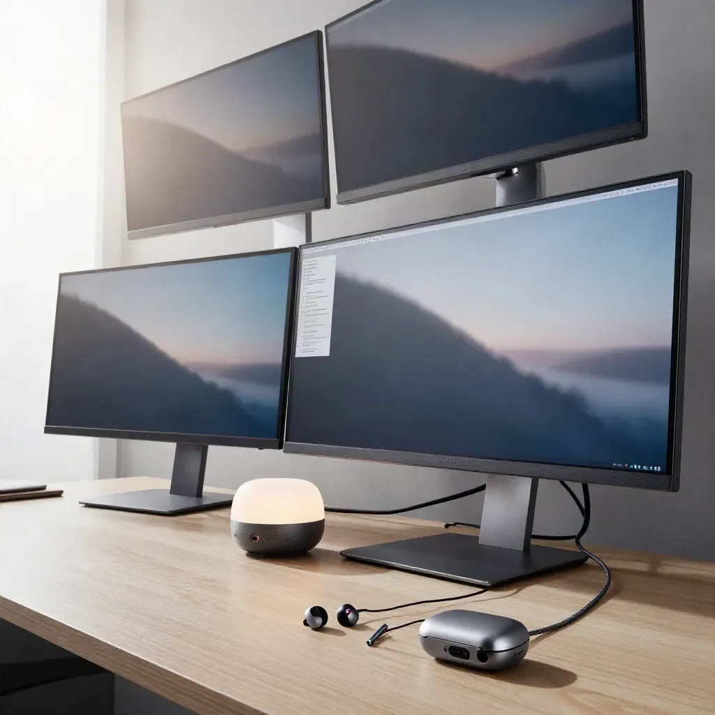 Low-angle workstation with angled monitors, smart speaker, desk robot, and earbuds