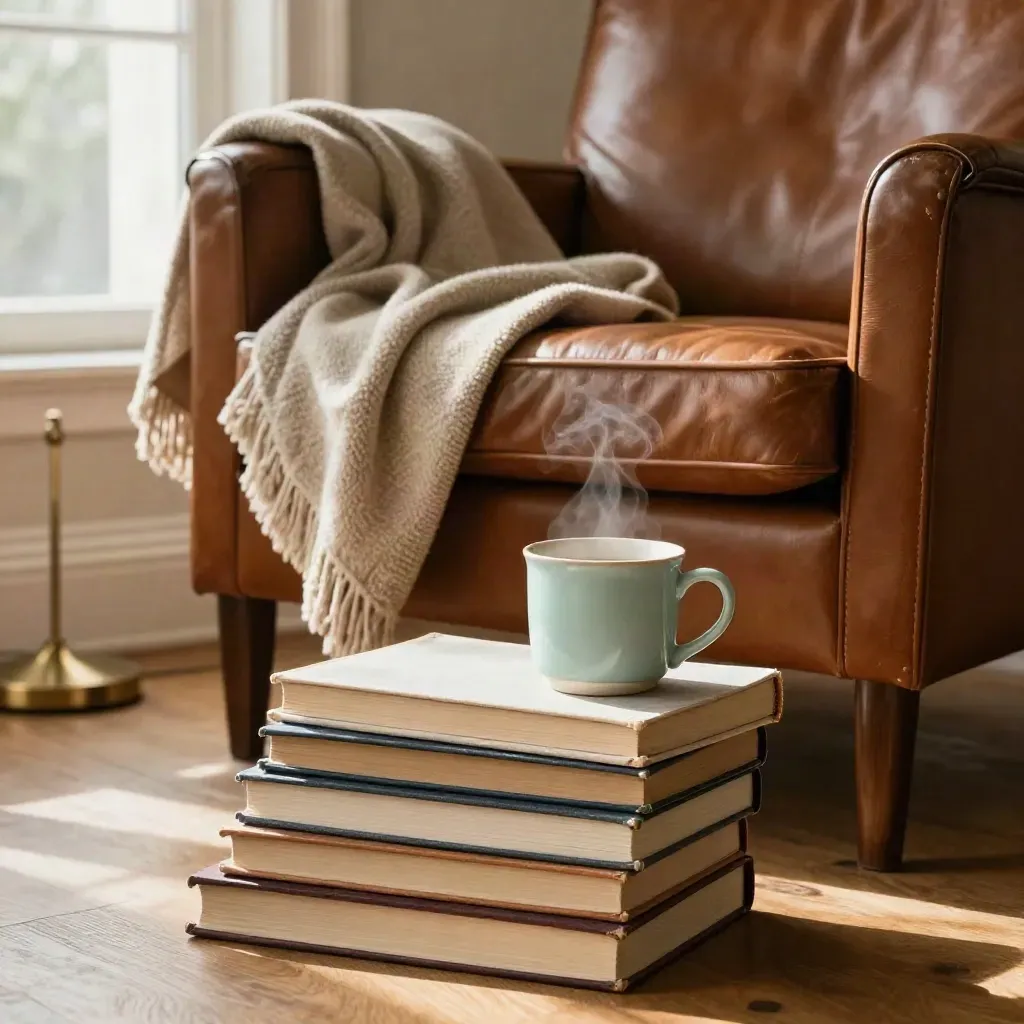 Cozy armchair with books, blanket, and steaming mug in warm afternoon light.