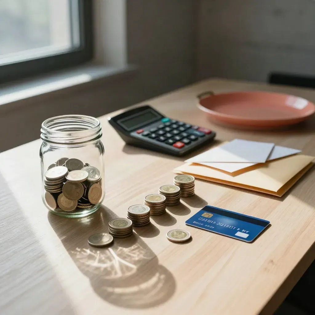 Home finance desk with calculator, coin piles, envelopes, debit card and savings jar in window light.