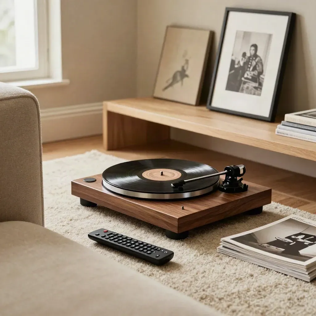 Quiet living-room media corner with turntable, magazines, remote, and a spine-away art book.