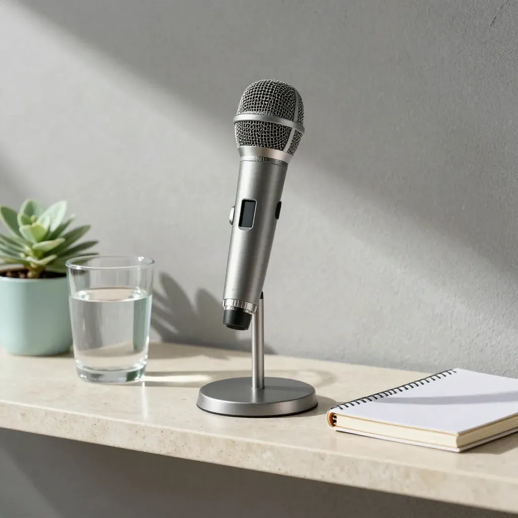 Microphone, water glass, plant, and folded notepad on a stone shelf with soft side light.