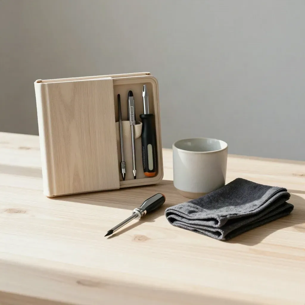 Manual, screwdriver set, cup, and folded cloth on pale wood in soft daylight.