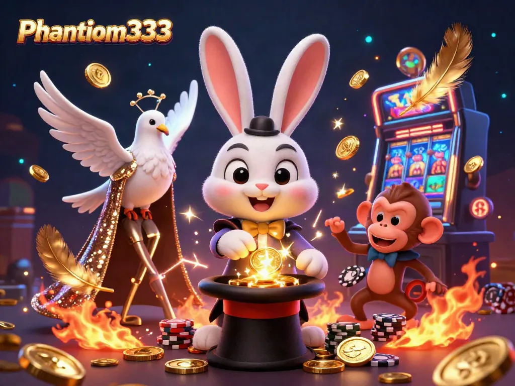 Engage with Phantom333's thrilling casino experience featuring a magician rabbit, assistant dove, and playful monkey.