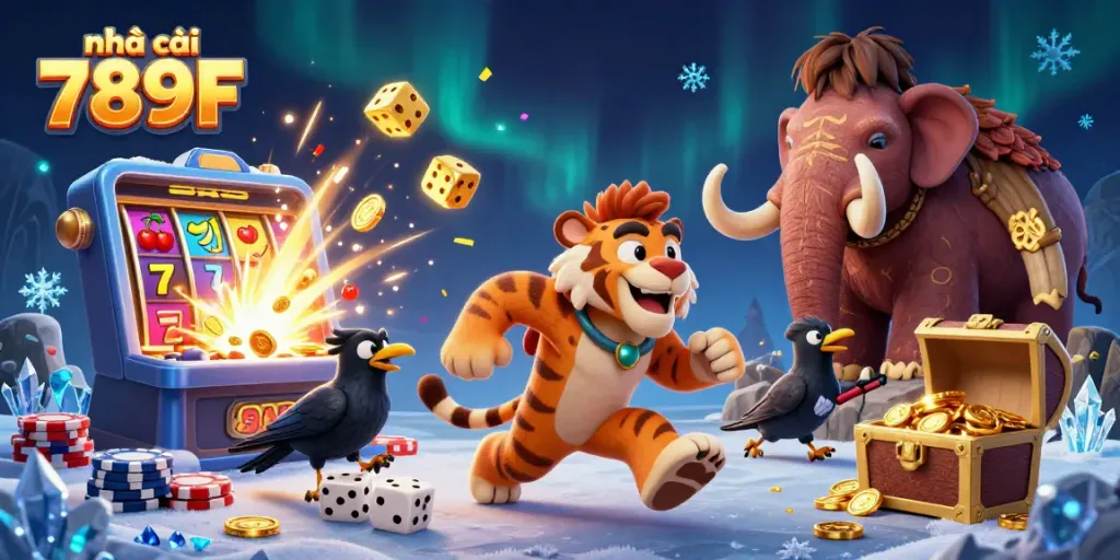 Experience the thrill of nhà cái 789F with a vibrant casino scene featuring prehistoric characters and games.