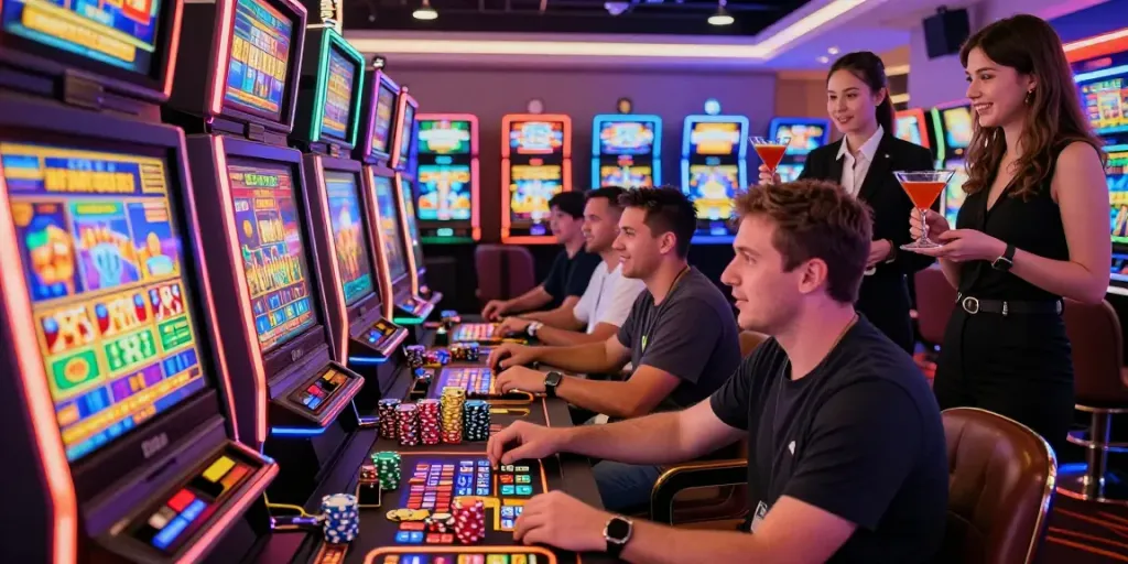 Exciting casino gaming scene with players enjoying rokok88 slot machines amid vibrant atmosphere.