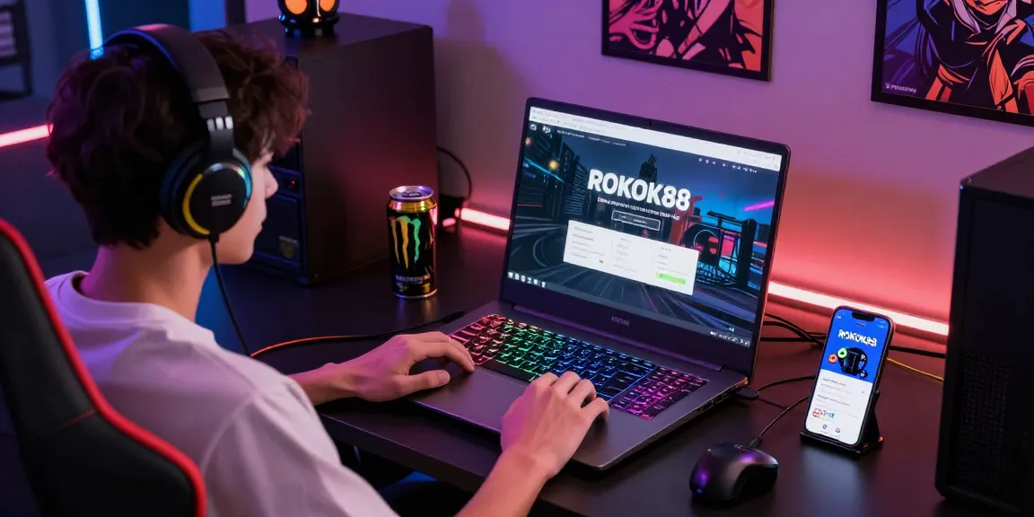 Exciting ROKOK88 login scene featuring a vibrant gaming setup with modern technology and engaging accessories.