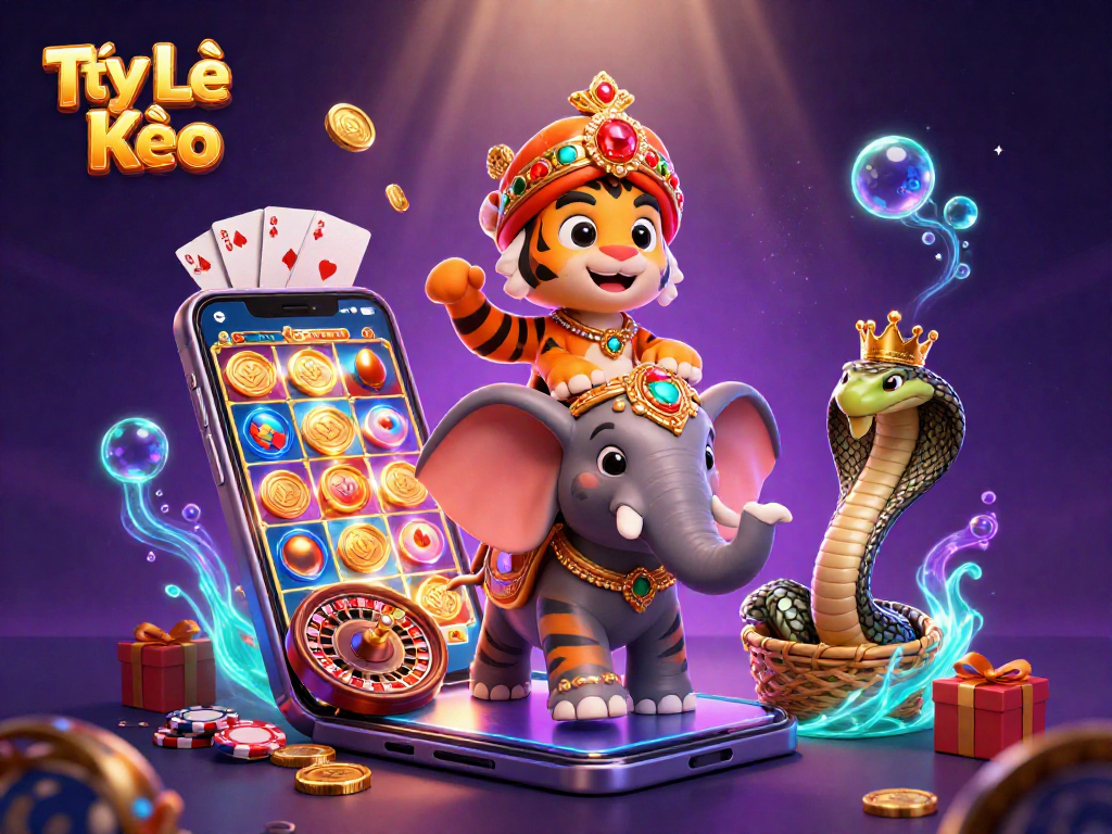 Tỷ Lệ Kèo showcases an energetic casino scene with vibrant characters and slot game elements.