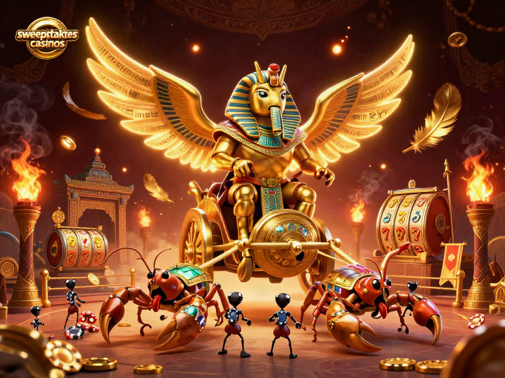 Engage with sweepstakes casinos featuring vibrant characters in a dynamic casino scene.