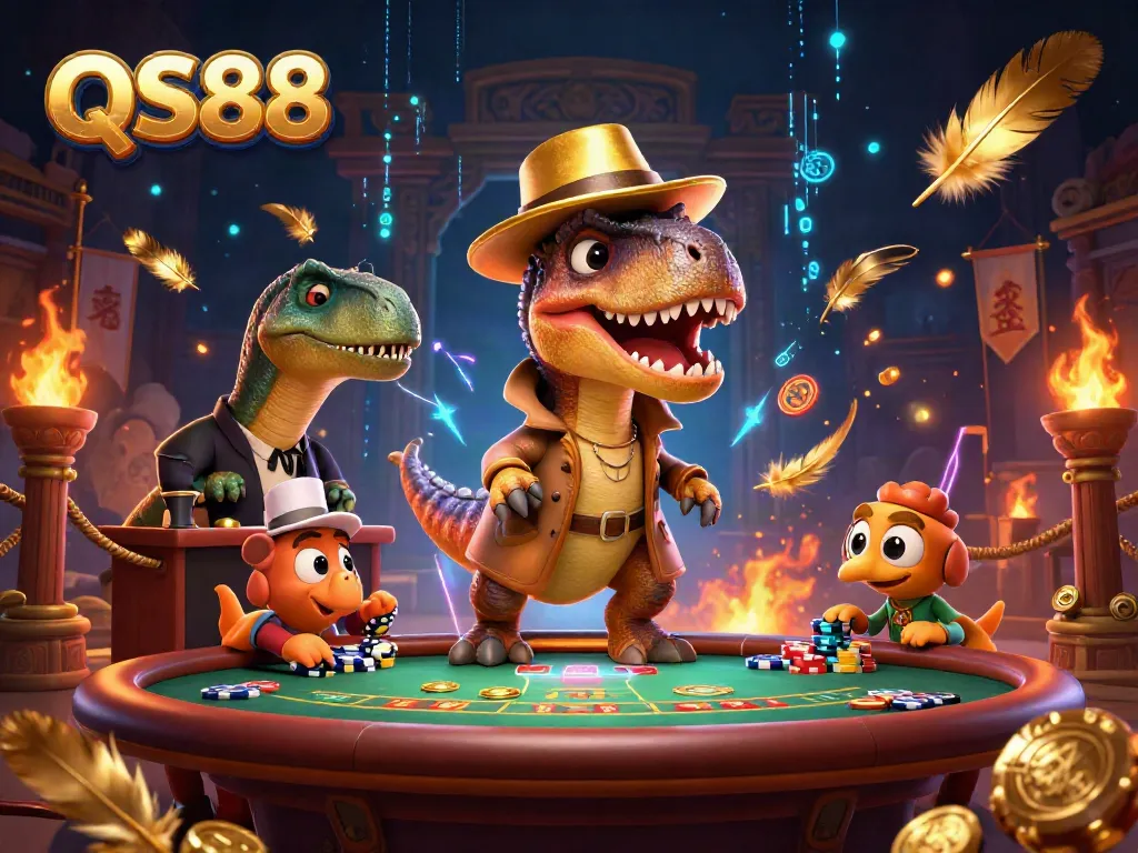 Experience winning at QS88 with a cartoon velociraptor card counter amidst vibrant casino elements.