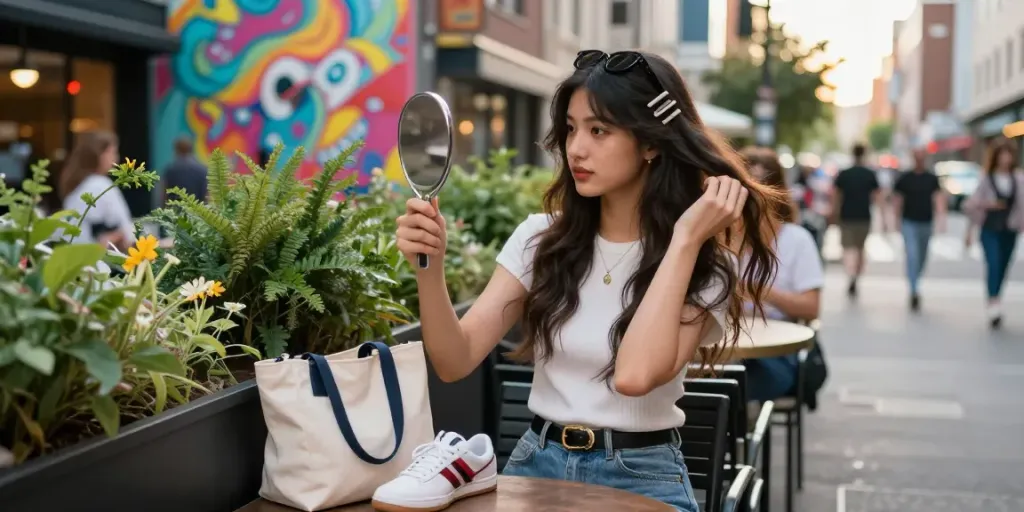 Invisi edge clip in hair extensions styling in a vibrant urban cafe setting.