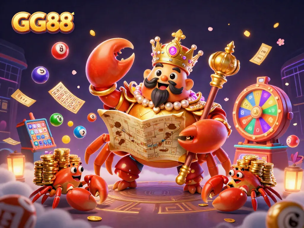 Experience the excitement of GG88 gaming with a vibrant scene of colorful lottery elements and a golden crab emperor.