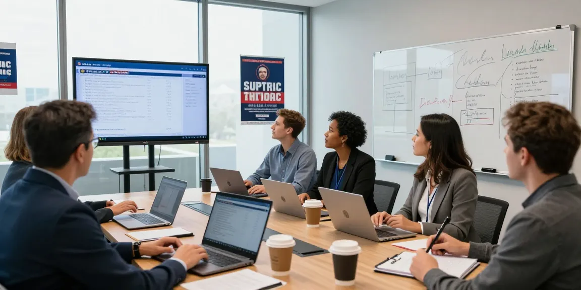 Team analyzing voter data in a modern conference room for effective super PAC advertising agency strategies.