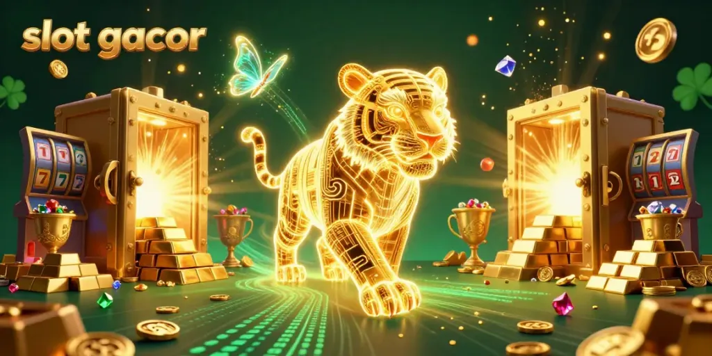Experience exciting slot gacor adventures with vibrant 3D illustrations of a golden tiger in a dynamic casino