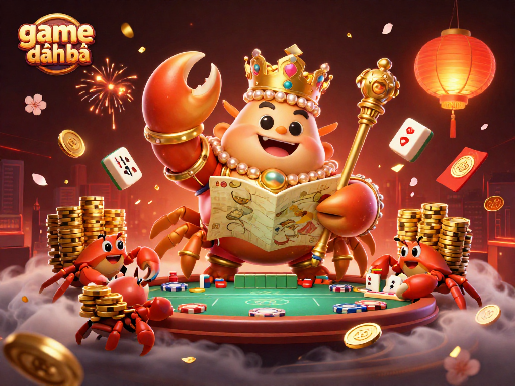 Play game đánh bài with a mesmerizing 3D scene featuring a golden crab emperor surrounded by festive gambling elements.