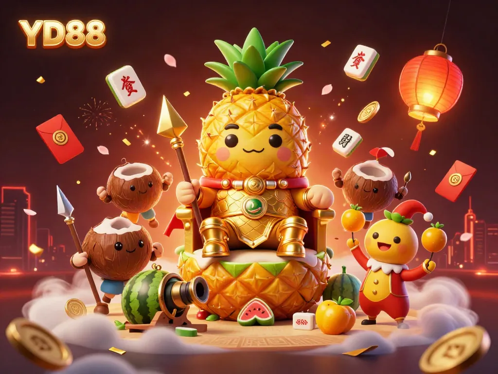 Engage with YD88's vibrant casino scene showcasing a golden pineapple king and festive game elements.