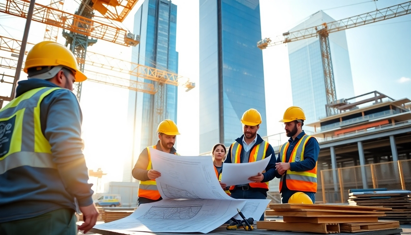 Engaged team working with a Manhattan Commercial General Contractor on a modern skyscraper project.