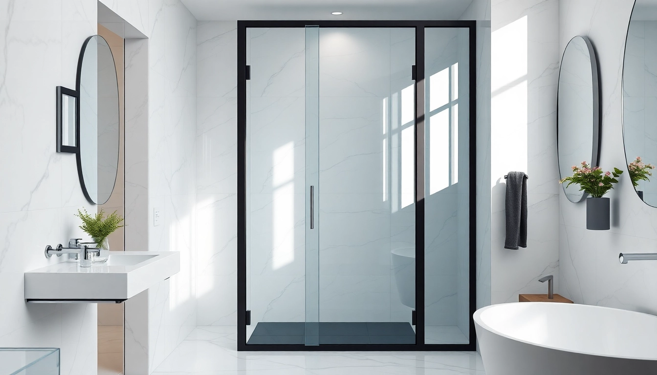 Enhance your bathroom with a sleek black shower door that adds modern elegance and style.