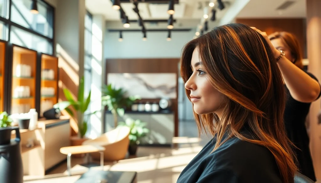 Aveda salon San Diego showcasing a stylist creating beautiful highlights in a modern setting.
