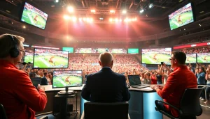 Sports Broadcasting professionals engaging with live content and vibrant displays in a studio.