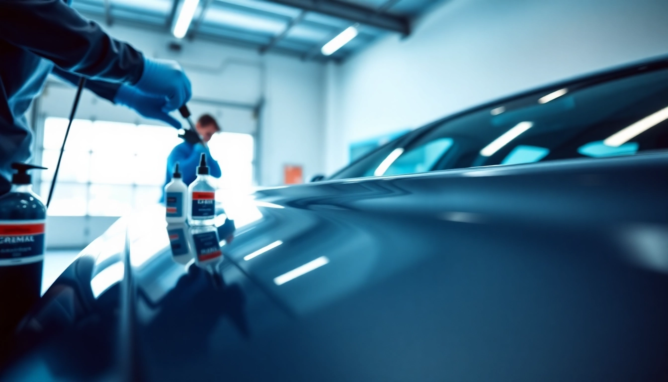 Applying salt protection ceramic coating to a vehicle in a modern garage setting.