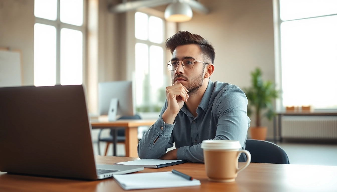 Reflecting on an ideal career in a bright office, with a focus on determination.