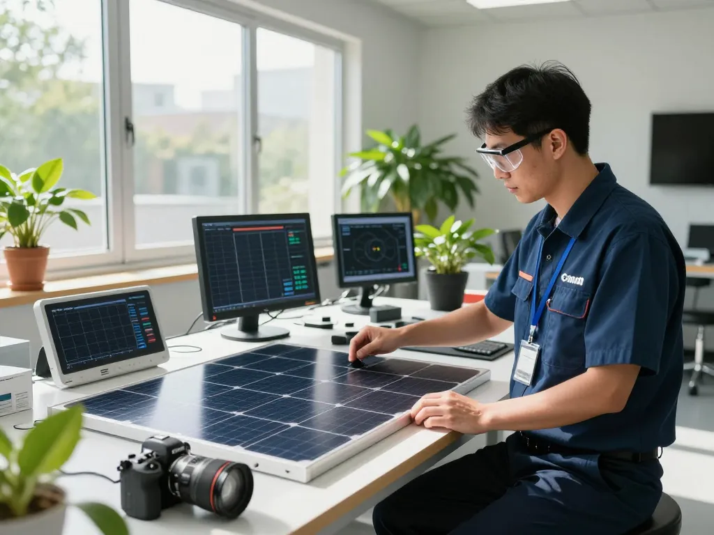 Engineer assessing Garantie für Solarmodule in a modern solar technology facility with eco-friendly elements.